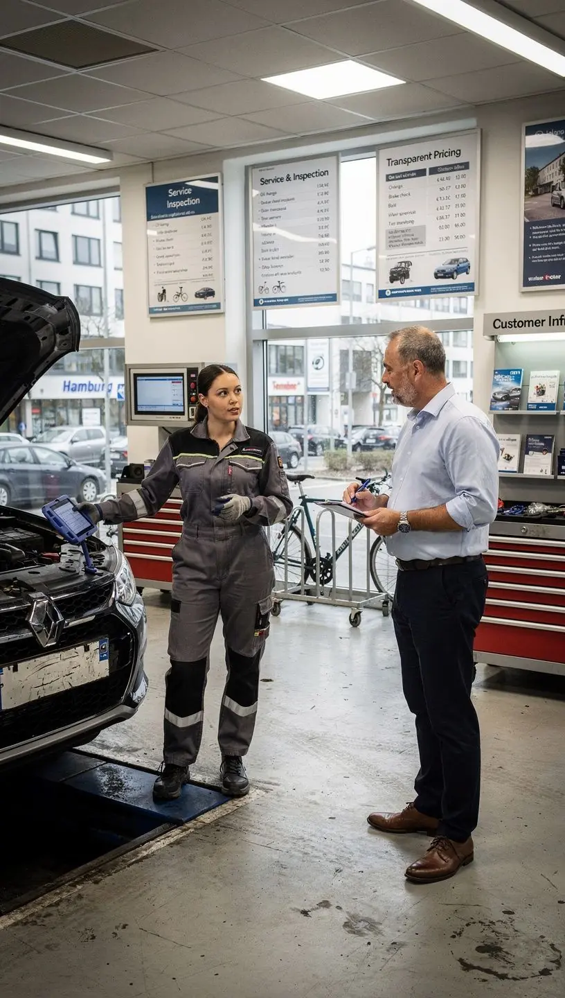 Techniker erklärt Servicekategorien und Reparaturoptionen anschaulich am Fahrzeug.